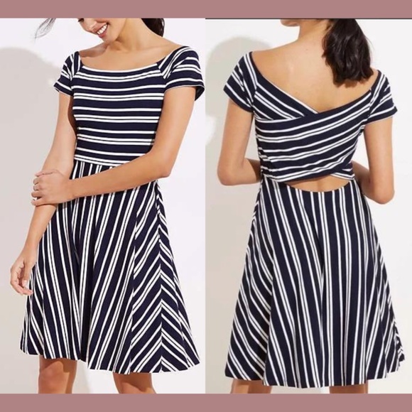 NWT $70 LOFT Plus [ 16 16W‎ ] Striped Wrap Back Flare Dress in Blue White #T1512 - Picture 1 of 15